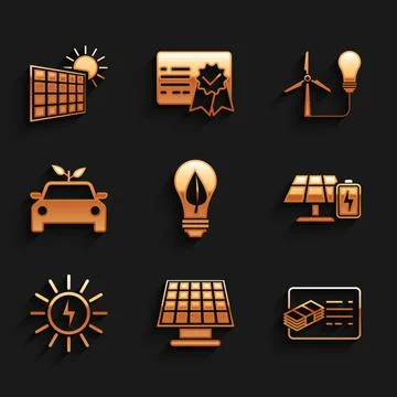 Set Light bulb with leaf, Solar energy panel, Financial document, and battery 스톡 일러스트