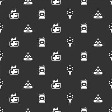 Set Light bulb with leaf, Wind turbine, Barrel oil leak and on seamless pattern イラスト素材