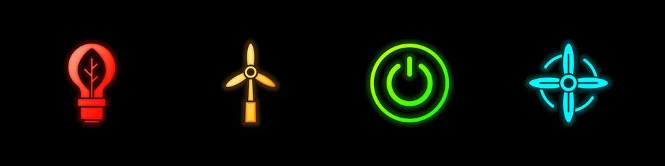 Set Light bulb with leaf, Wind turbine, Power button and  icon. Vector Stock Illustration