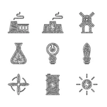 Set Light bulb with lightning, Bio fuel barrel, Solar energy panel, Wind tu.. Ilustración de archivo