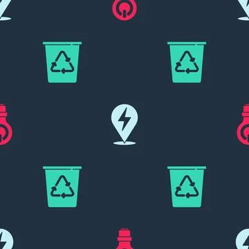 Set Light bulb with lightning, Lightning bolt and Recycle bin recycle on Illustrazione stock