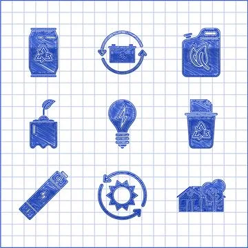 Set Light bulb with lightning symbol, Solar energy panel, Eco friendly house Ilustración de archivo