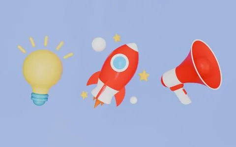 Set Light bulb, megaphone, rocket, Light bulb with rays shine, Rocket launce Stock Illustration