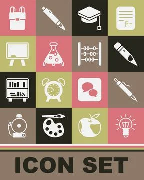 Set Light bulb, Pen, Pencil with eraser, Graduation cap, Test tube and flask Stock Illustration