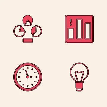 Set Light bulb, Pie chart infographic, and Clock icon. Vector Stock Illustration
