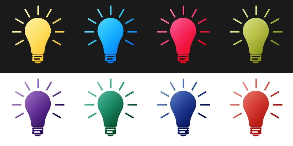Set Light bulb with rays shine icon isolated on black and white background Illustrazione stock