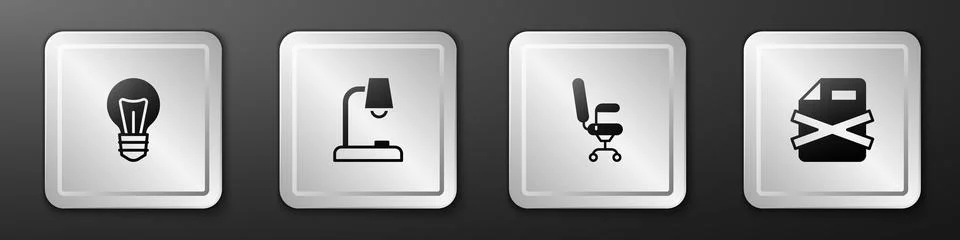 Set Light bulb, Table lamp, Office chair and Delete file document icon. Silver Stock Illustration