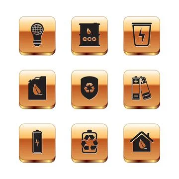 Set Light bulb with world globe, Battery, recycle, Recycle inside shield, Bio Stock Illustration