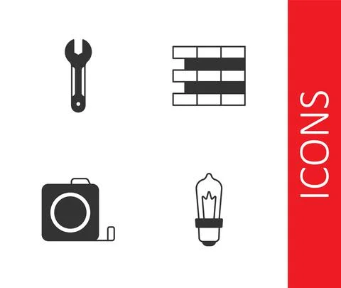 Set Light bulb, Wrench spanner, Roulette construction and Bricks icon. Vector Illustrazione stock