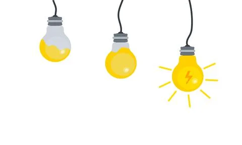 Set of light bulbs with one glowing. Trendy flat vector light bulb icons with Stock Illustration