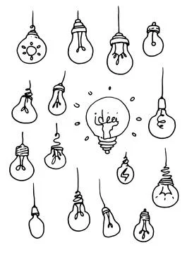 A set of light bulbs vector elements drawn by hand in a funny doodle style with Stock Illustration