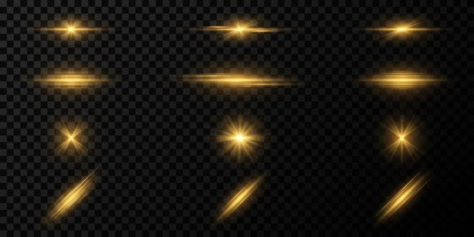 Set of light effects on a dark transparent background. A collection of golden Иллюстрация