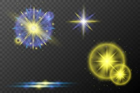 Set of light effects isolated flare explosion shiny line dust solar flare sta Stock Illustration