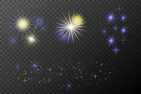 Set of light effects isolated flare explosion shiny line dust solar flare sta Stock Illustration