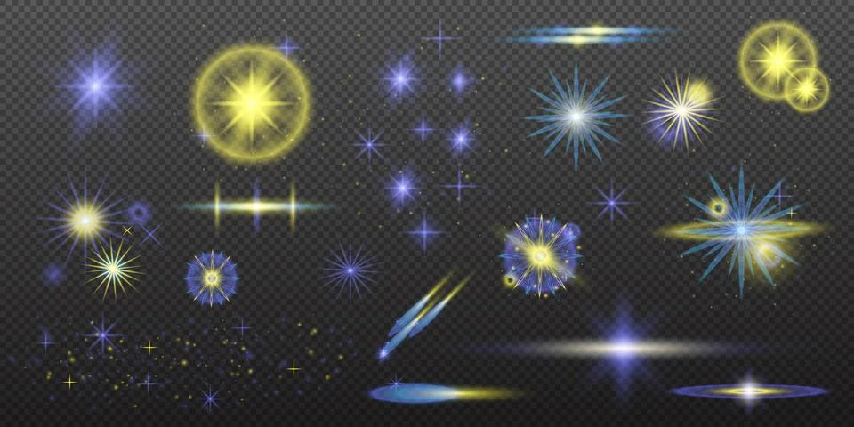 Set of light effects isolated flare explosion shiny line dust solar flare sta Stock Illustration