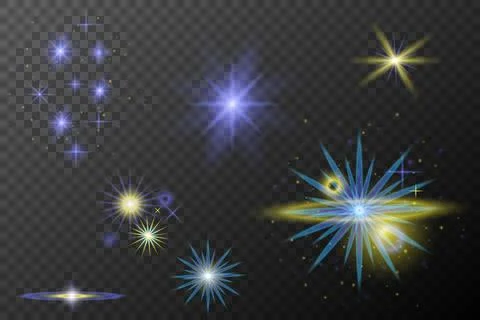 Set of light effects isolated flare explosion shiny line dust solar flare sta Stock Illustration