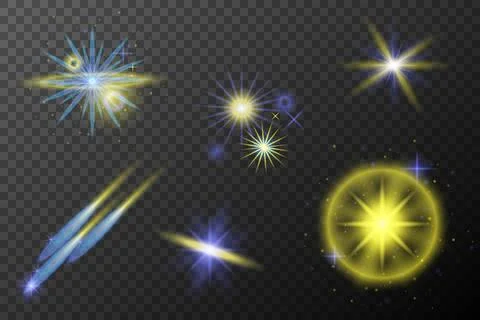 Set of light effects isolated flare explosion shiny line dust solar flare sta Stock Illustration