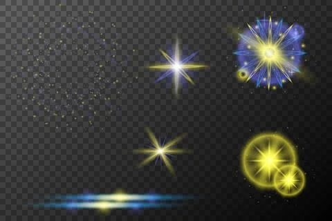 Set of light effects isolated flare explosion shiny line dust solar flare sta Stock Illustration