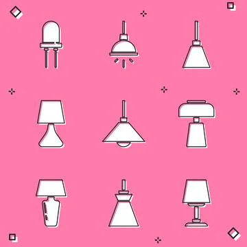 Set Light emitting diode, Chandelier, Table lamp, Lamp hanging,  and  icon... Stock Illustration