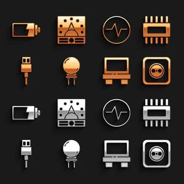 Set Light emitting diode, Processor with microcircuits CPU, Electrical outlet Stock Illustration