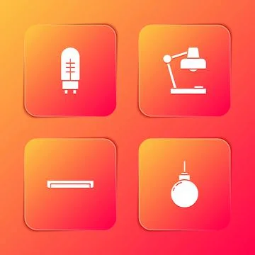 Set Light emitting diode, Table lamp, Fluorescent and Lamp hanging icon. Vector Stock Illustration