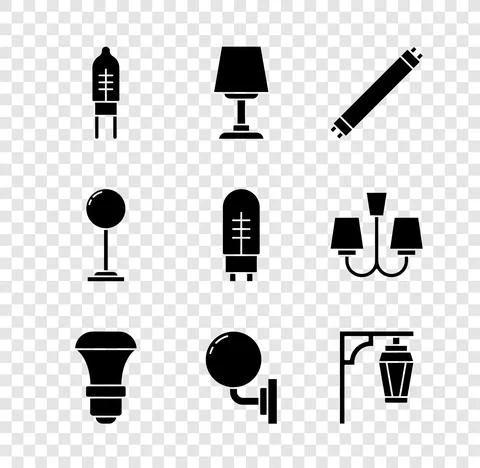 Set Light emitting diode, Table lamp, Fluorescent, LED light bulb, Wall sconce Stock Illustration