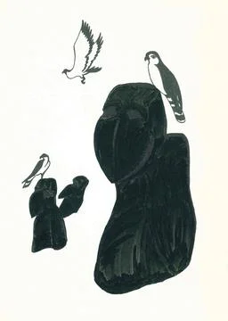 Set of light flying falcons and large black silhouettes of raven heads Stock Illustration