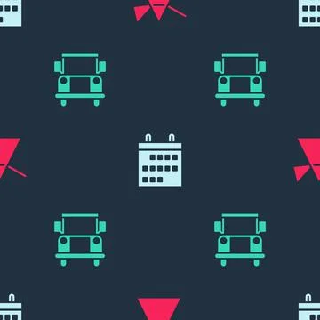 Set Light rays in prism, Calendar and School Bus on seamless pattern. Vector Stock Illustration