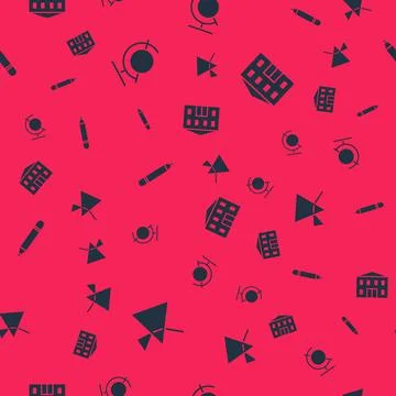 Set Light rays in prism, Earth globe, Pencil with eraser and School building on Illustrazione stock