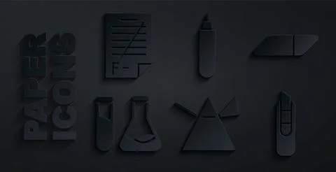 Set Light rays in prism, Eraser or rubber, Test tube and flask, Stationery knife Stockillustratie