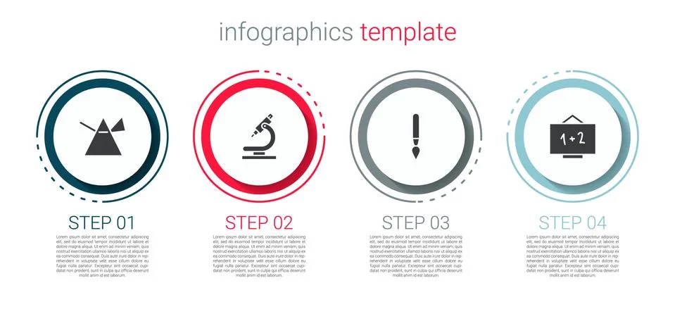 Set Light rays in prism, Microscope, Paint brush and Chalkboard. Business Illustrazione stock