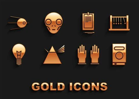 Set Light rays in prism, Pendulum, Book, Rubber gloves, bulb with concept of Stock Illustration