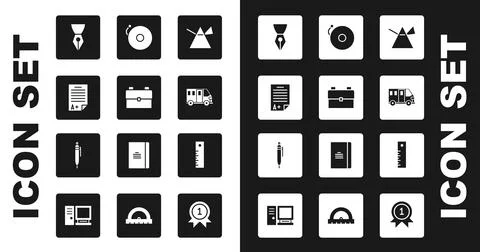 Set Light rays in prism, School backpack, Exam sheet with A plus grade, Fountain Illustrazione stock