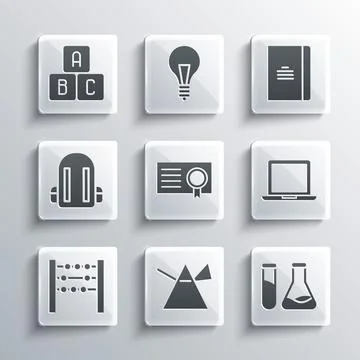Set Light rays in prism, Test tube and flask, Laptop, Certificate template Stockillustratie