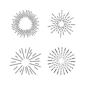 Set of light rays, sunburst and rays of sun. Design elements, linear drawing, Stock Illustration