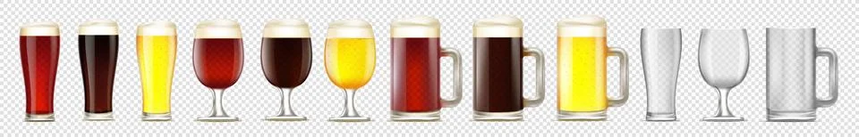 Set of light, red and dark beer in glasses and mugs Stock Illustration