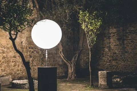 Set of light with round shade lamp in the night. Stock Photos