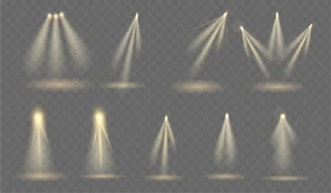 Set of light studio lighting. Pack of ray of lights. Illumination and decoration Stock Illustration