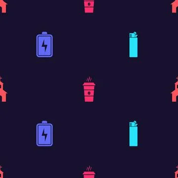 Set Lighter, Battery, Coffee cup and Church building on seamless pattern. Vector Stock Illustration