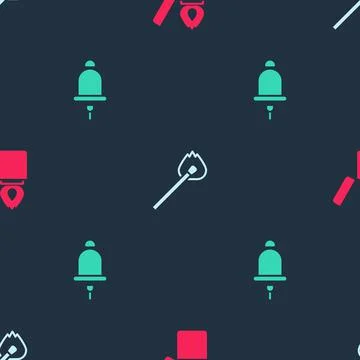 Set Lighter, Burning match with fire and Ringing alarm bell on seamless pattern Stock Illustration
