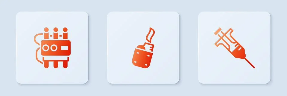 Set Lighter, Dynamite and timer clock and Syringe. White square button. Vector Illustrazione stock