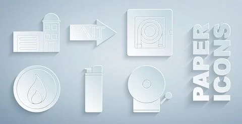 Set Lighter, Fire hose cabinet, flame, Ringing alarm bell, exit and Buildin.. Stock Illustration