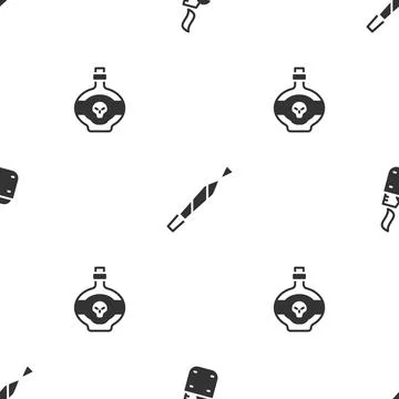 Set Lighter, Marijuana joint and Poison bottle on seamless pattern. Vector Stock Illustration
