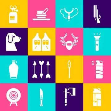 Set Lighter, Pepper spray, Flashlight, Slingshot, Hunting jacket, Dog, Camping Ilustración de archivo