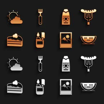 Set Lighter, Sausage on the fork, Watermelon, Photo frame, Piece of cake Stock Illustration