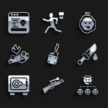 Set Lighter, Sniper rifle with scope, Mafia, Bloody knife, Safe, Burning car Stock Illustration