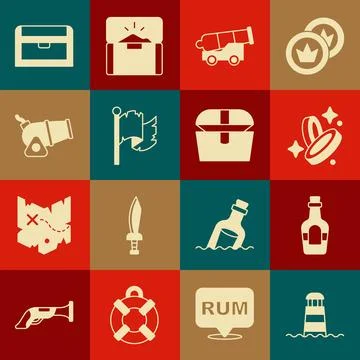 Set Lighthouse, Alcohol drink Rum, Pirate coin, Cannon, flag, Antique treas.. Stock Illustration