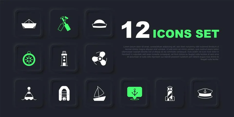 Set Lighthouse, Captain hat, Anchor, Compass, Inflatable boat with motor, C.. Stock Illustration