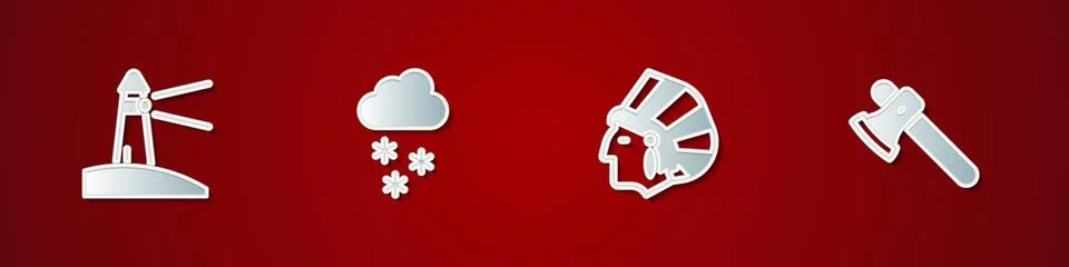 Set Lighthouse, Cloud with snow, Native American Indian and Wooden axe icon Stock Illustration