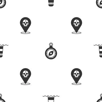 Set Lighthouse, Compass and Location pirate on seamless pattern. Vector イラスト素材